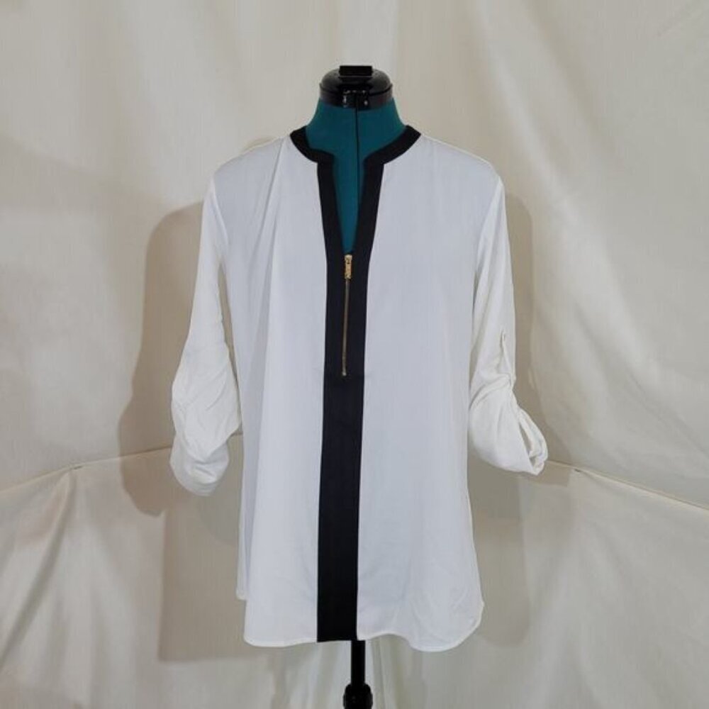 Calvin Klein White Blouse with Center‎ Black Stripe - Size Large